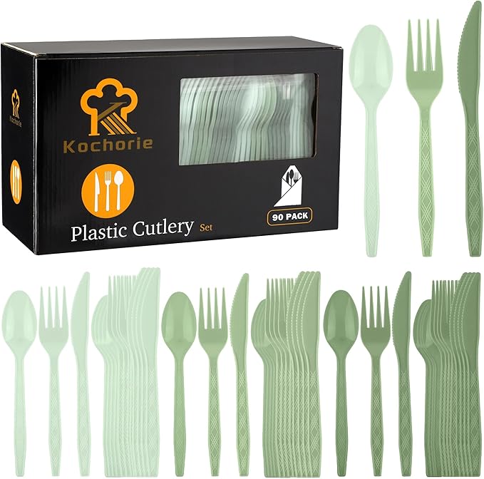 Kochorie 90 Pieces Gradient Sage Green Plastic Cutlery Set Disposable Plastic Utensils Heavy Duty Flatware Set Includes 30 Knives 30 Forks 30 Spoons for Birthday Wedding Baby Shower Party, Picnic