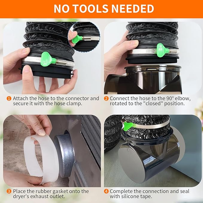 Dryer Vent Hose Connector Kit for Tight Spaces, 90° Elbow with 4-Inch 6.5FT PVC Hose, Transparent Black Upgrade, Tool-Free Installation