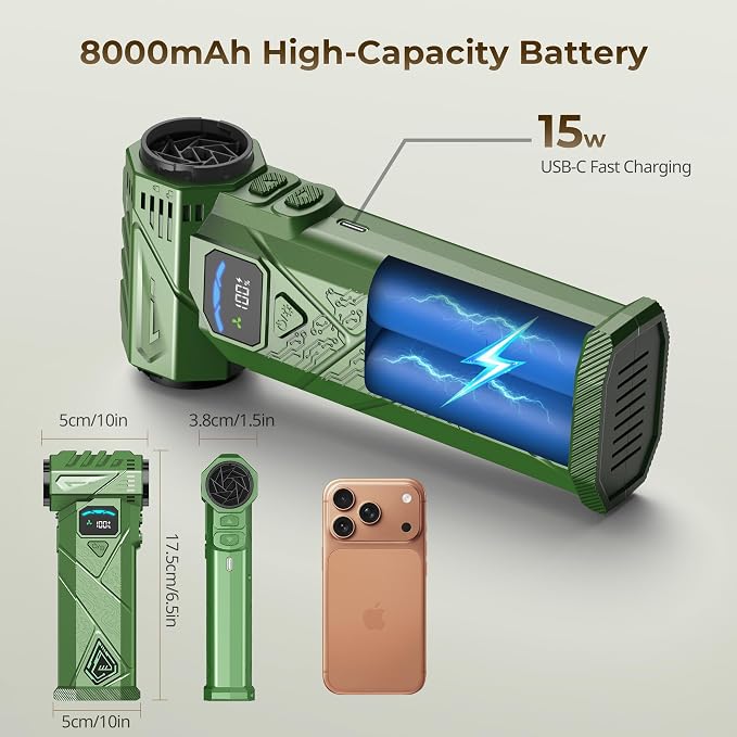 Compressed Air Duster, 130000RPM High-Speed Electric Air Duster with Smart LED Display & Stepless Speed Control, Rechargeable Cordless Air Blower for PC Keyboard, Car & Home Cleaning (Green)