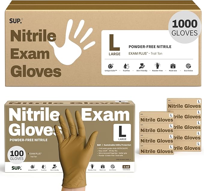 SUP Nitrile Exam Gloves, Powder-Free Latex-Free Food Safe Food Prep BBQ Cooking Cleaning Medical Disposable Glove, Tan 1000Ct