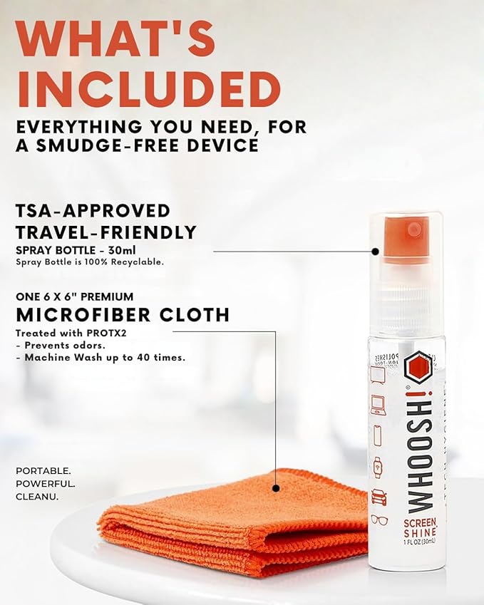 WHOOSH! Screen Shine Go - 1 fl oz Refillable Screen Cleaner Kit with Microfiber Cloth for MacBook, Phone, iPad & Eyeglasses - Powerful Streak-Free Cleaning - Pocket-Sized, TSA-Approved for Travel