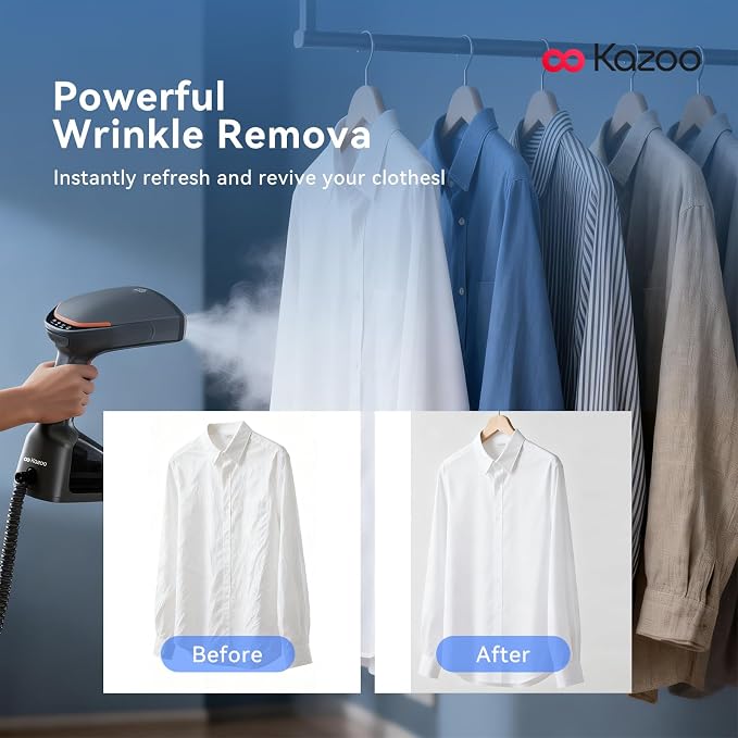 Handheld Steamer for Clothes, 1800W Portable Garment Steamer with 30s Fast Heat, 4 Fabric Modes for Silk/Wool/Cotton/Linen, 255ml Detachable Tank, Wrinkle Remover Iron Press with Lint Brush