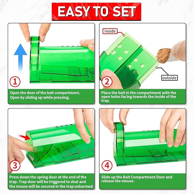 LULUCATCH Humane Mouse Traps 6 Pack, No Touch Catch and Release Live No Kill Rodent Traps, Reusable with Cleaning Brush, Pet Safe Indoor Outdoor Rodent Control for Mice, Rats, Chipmunks, Voles