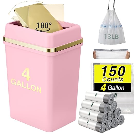 Bathroom Trash Can with Lid 4 Gallon Pink Trash Can Bedroom Trash Can Small Garbage Can with 150 Counts Trash Bags for Small Bathroom Bedroom Office