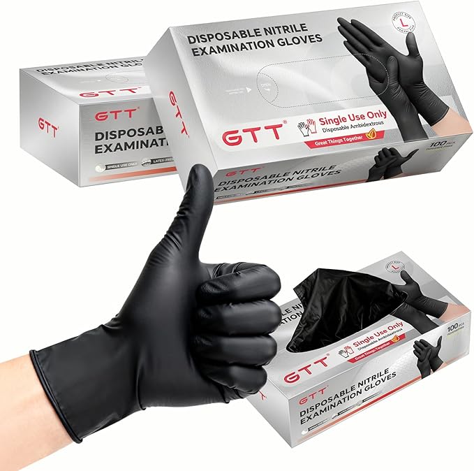 GTT Black Nitrile Exam Gloves 6 Mil, Powder-Free Disposable Gloves, First Aid,Cleaning Food Prep, Tattoo,Cooking,Mechanical