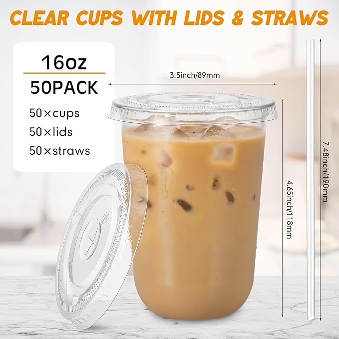 Ziliny 50 Sets Clear Round Bottom Plastic Cups with Lids and Straws, Cute Disposable Drinking Coffee Cups, for Christmas Valentine's Galentine's Day Party Wedding Birthday Supplies (16oz,Clear)
