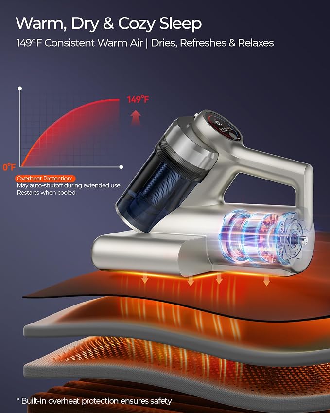 Teant Upgrade Cordless Mattress Vacuum with 18kPa Ultra-Deep Suction, 2-Speed Bed Vacuum with 33000 RPM/Min Roller Brush, 253.7nm UV-C Light & LED Display, 149℉ Heat, Aroma & Anion for Bed Sofa