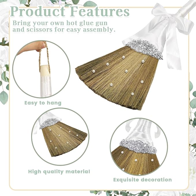 Wedding Brooms for Jumping Ceremony,White Whisk Broom Wedding Broom with White Ribbon and Faux Pearls,Whisk Broom Jumping The Brooms for Wedding DIY Wedding Ceremony Crafts