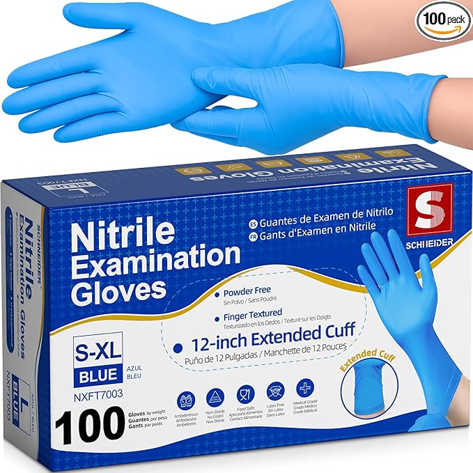 Schneider Nitrile Exam Gloves, Extended 12 Inches Cuff, Medium, 4 mil, 100-ct Box, Gloves Disposable Latex Free, Powder Free for Medical, Food Prep, Cleaning, Cooking, Blue