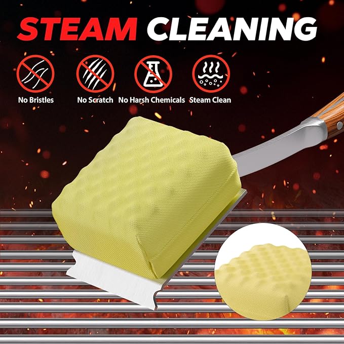 ENLOY Grill Brush for Outdoor Grill, Bristle Free Steam Grill Brush with Scraper, Replaceable Head, Safe Steam Cleaning 17'' Long Handle Grilling Accessories for Most Grills, Gifts for Men Dad Husband