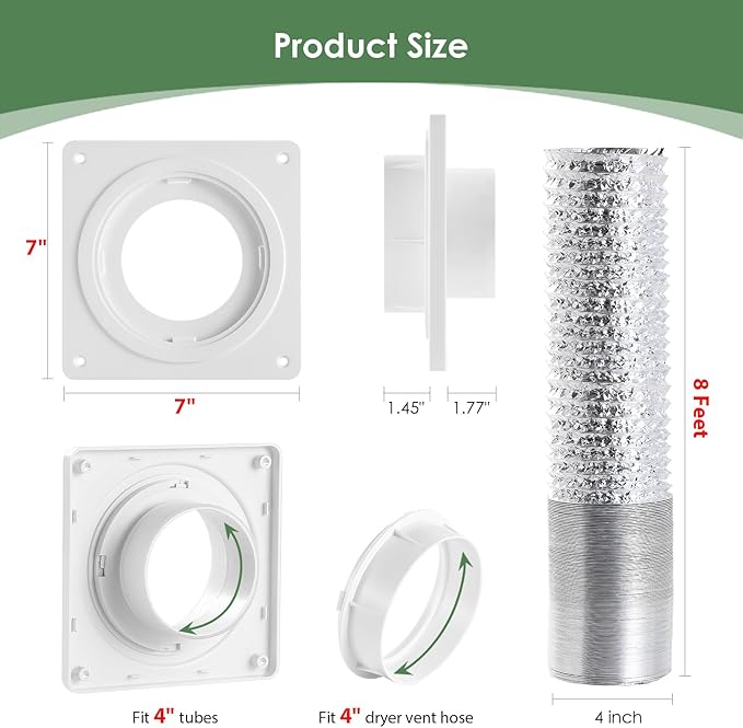 Dryer Vent Wall Plate with Hose(4 inch 8 feet), Twist Lock Dryer Vent Connector Kit, 4 Inch Dryer Duct Connector Flange, for Wall Exhaust Vent, Ceiling or Warmhouse Air Circulation