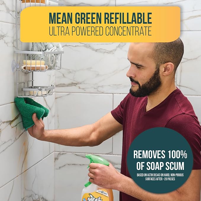 Mean Green Refillable Ultra Powered Bathroom Cleaner Concentrate, Tropical Breeze, 14.3 fl oz (2-Pack) – Plant & Mineral Based, Removes 100% of Soap Scum, Refillable Bottle Makes 4X Refills