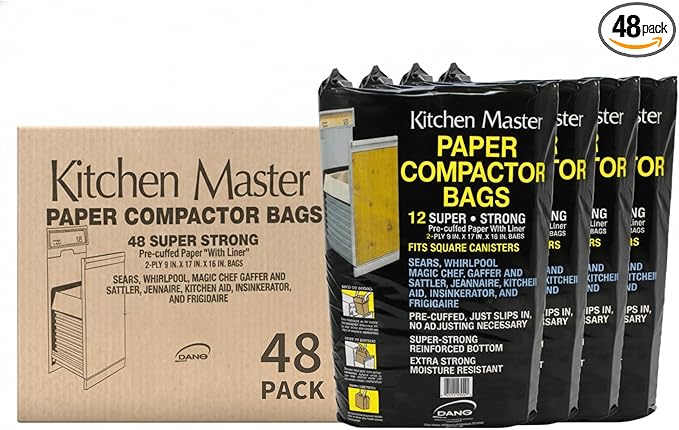 Kitchen Master Super Strong Compactor Bags (48 Pack) | Precuffed, Garbage Compactor Bags, Hardware for Kitchens, Paper Trash Bag, Kitchen Essential, Paper & Plastic Lined