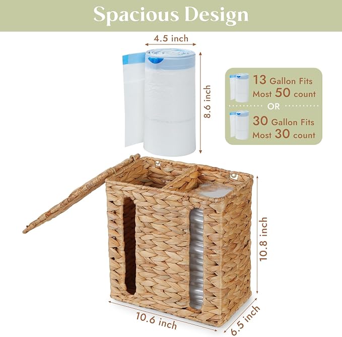 YANGQIHOME Water Hyacinth Trash Bag Dispenser with Lid | Plastic Bag Holder, Grocery Bag Holder, For Kitchen, Cabinet and Countertop, 2 Slots