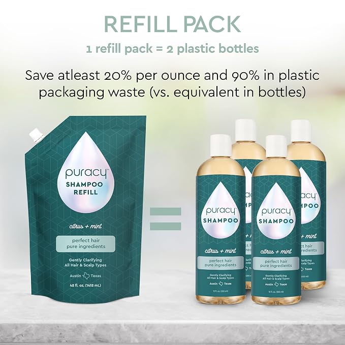 Puracy Natural Shampoo Refill, 48 Fl Oz, Hair Stays Cleaner Longer with LexFeel N5, Color-Safe Sulfate-Free