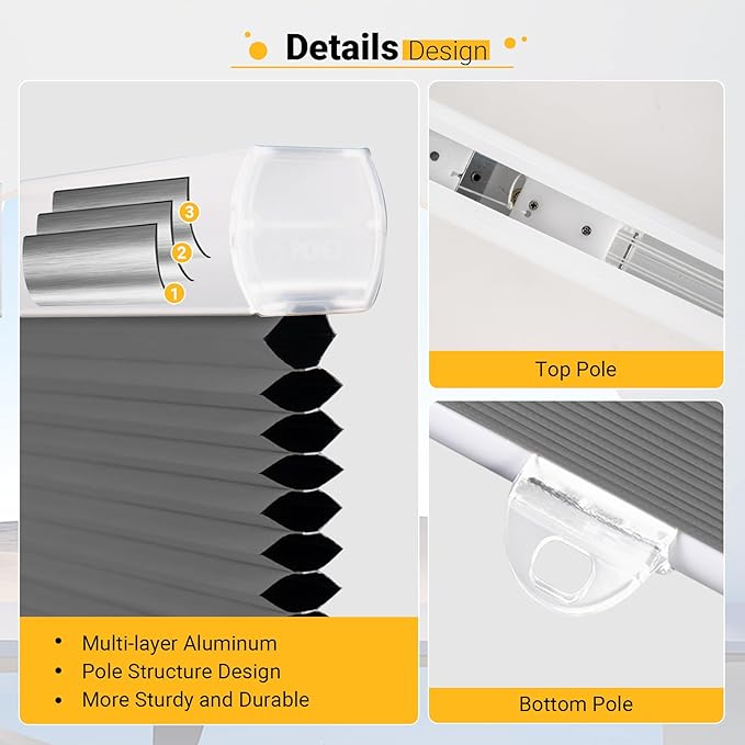 Cordless Cellular Shades Blackout Honeycomb Blinds Fabric Window Shades 36" W x 64" H, Cool Silver(Blackout)