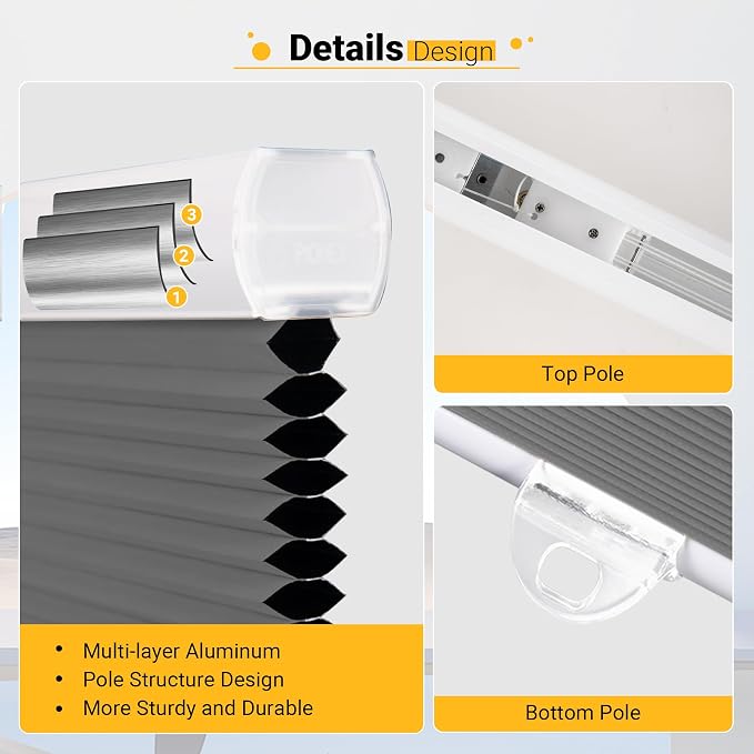 Cellular Blinds Cordless Blackout Honeycomb Blinds Fabric Window Shades 24" W x 64" H, Cool Silver(Blackout)