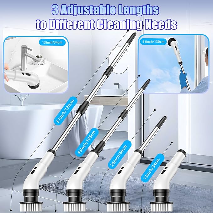 Electric Spin Scrubber, Cordless Bathroom Scrubber Brush with 9 Replaceable Heads,3-Speed Electric Scrubber with Adjustable Handle,IPX7 Shower Scrubber for Bathroom Tile,Kitchen Countertop,Car Trunk