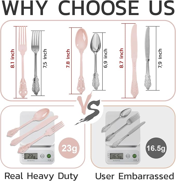 WDF 120 Pieces Heavy Duty Pink Plastic Cutlery Set - Disposable Utensils - Disposable Flatware Includes 40 Forks, 40 Spoons, 40 Knives for Party Baby Shower Wedding Spring