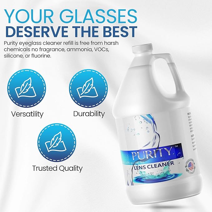 Purity Eye Glasses Lens Cleaner - Refill Eyeglass Lens Cleaning Bottle - Safe for All Lenses (AR Coated Included), Eyeglasses and Screens - Made in USA - Clear, 1gal