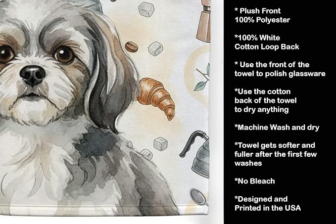 Caroline's Treasures Grey and White Tibetan Spaniel Coffee Bar Kitchen Towel Velour Plush Front and Cotton Loop Back Machine Washable