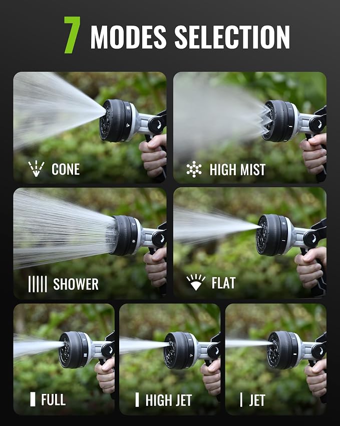 RAINPOINT Garden Hose Nozzle and Quick Connector Set, 7 Spray Patterns Heavy Duty Metal Hose Nozzle with Adjustable Flow Control, 3/4 Inch Solid Brass Quick Connectors for Easy Switching