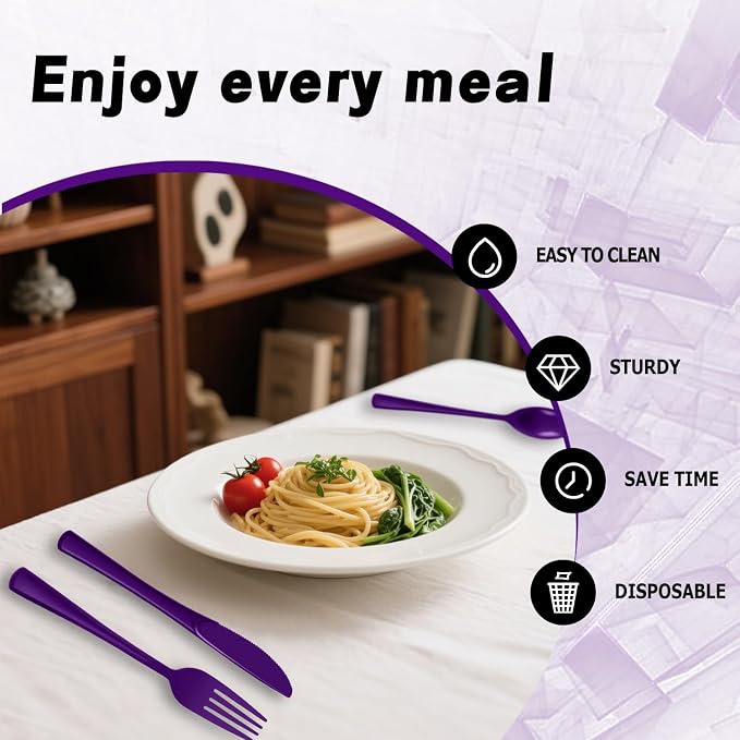 Plastic Silverware 300 PCS Disposable Silverware Heavy Duty Utensil Sets 100 Of Each Forks Knives & Spoons Disposable Cutlery Set For Easter,Birthday,Baby Shower,Garden Party,Wedding(300,Purple)
