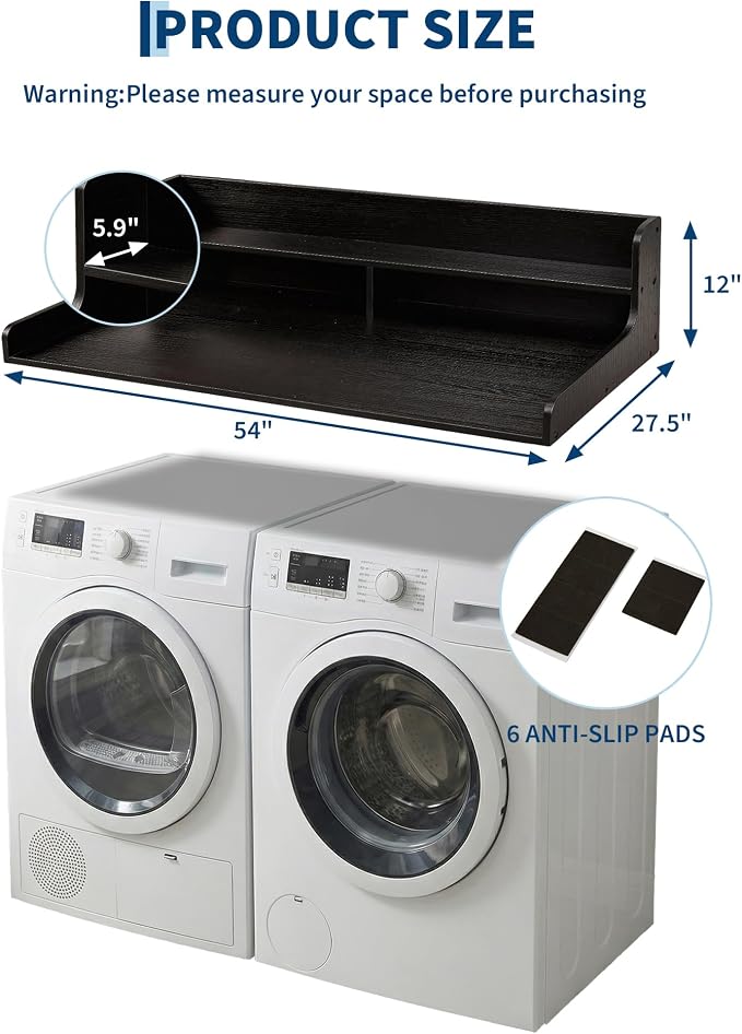 Takywep 2 Tiers Washer Dryer Countertop, 54" x 27.5" Washer Dryer Topper with Edge, Washer and Dryer Laundry Topper with Anti-Slip Pads & Anti-Vibration Mat, Black