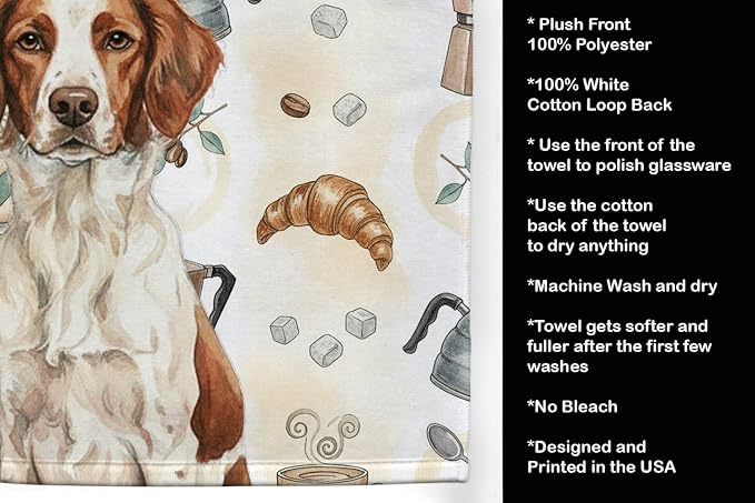 Caroline's Treasures Liver and White Brittany Coffee Bar Kitchen Towel Velour Plush Front and Cotton Loop Back Machine Washable