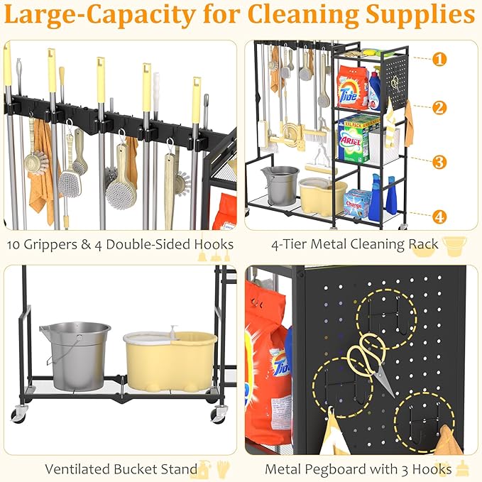 AGESISI 46" H Broom Holder with Cleaning Supplies Organizer, Mop Rack Storage with 4-Tier Shelves, 10 Gripper Clips, 4 Double-Hooks, 3 Hooks, Metal Utility Carts on Wheels for Home Essentials, Black
