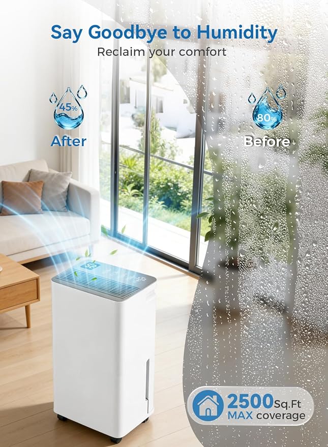 2500 Sq.Ft Dehumidifier for Basement with Drain Hose, Update 35 Pint Large Best Compressor Dehumidifiers for Home or Garage, Smart Humidity Control, 24H Timer & Child Lock, Ideal for Rooms