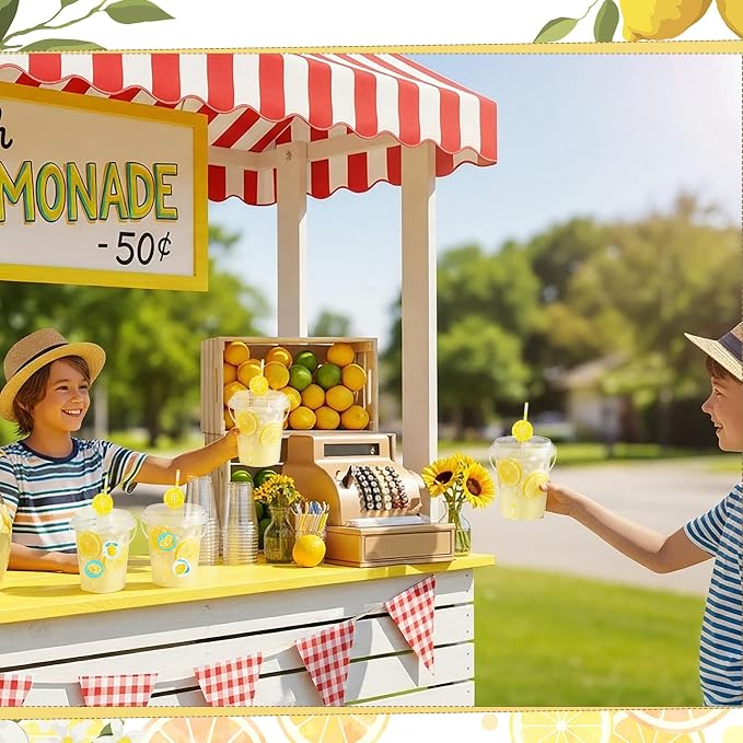 30 Sets 34 oz Large Lemon Plastic Cups with Lids Straws Stickers Lemonade Cups Yellow Cold Beverage Drinking Containers for Lemonade Bar Supplies Stand Supplies Birthday Party Decoration