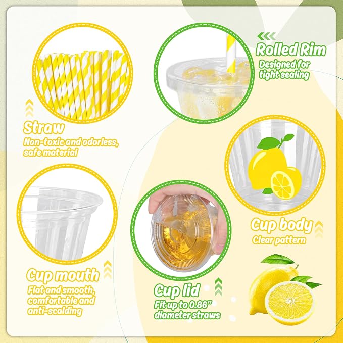 Whaline 100Pcs 9Oz Lemon Disposable Plastic Cups with Lids and Straws Summer Citrus Fruit Cold Beverage Drinking Cups for Birthday Baby Shower Party Supplies