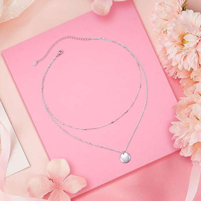 FLYOW Layered Choker Necklace S925 Sterling Silver Star Full Moon Daisy Flower Pendant Disc Jewelry Adjustable Clavicle Necklaces for Women Girls Birthday Gifts