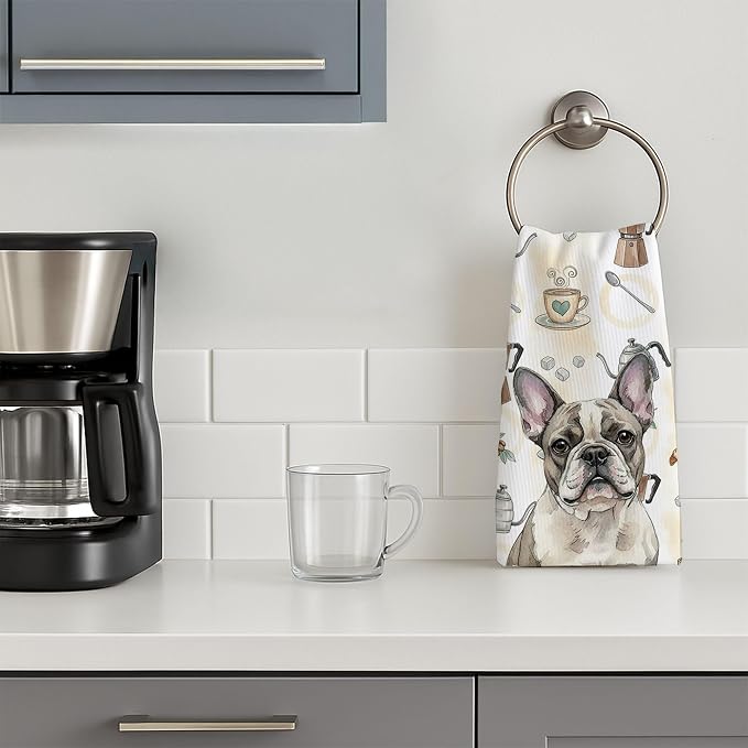 Caroline's Treasures Pied French Bulldog Coffee Bar Kitchen Towel Velour Plush Front and Cotton Loop Back Machine Washable