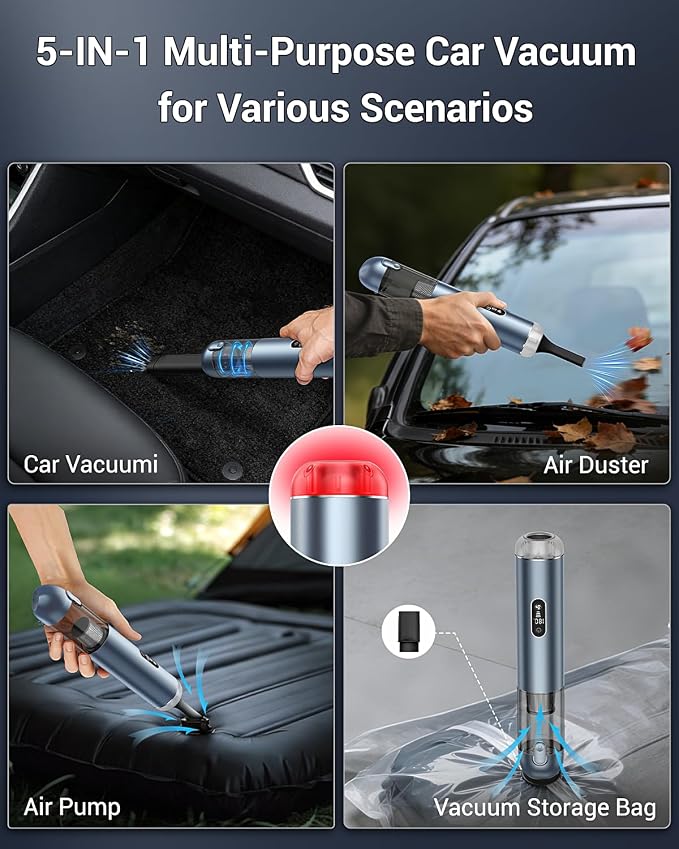Handheld Vacuum, Powerful 18000pa Car Vacuum with Brushless Motor, Portable Hand Held Vacuum with 3 Speed Modes, 5- in-1 Mini Cordless Vacuum Cleaner with White LED & Red Flash for home Car Office