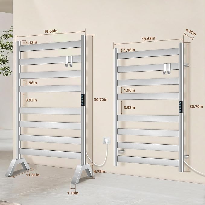Heated Towel Racks for Bathroom Freestanding & Wall Mounted, WiFi-enable Electric Towel Warmer Rack, Extra-Wide Heating Area Fast Heating with Timer & Temperature Control, 8 Bars, Nickel Silver
