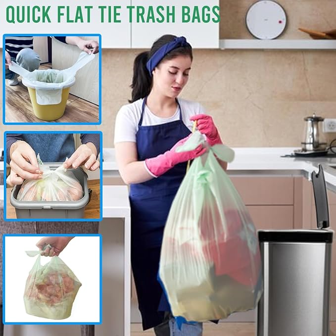 BEIDOU-PAC 8-10 Gallon Flap Tie Compostable Trash Bags, 240 Count, Compost Bags Kitchen Trash Bags, Sturdy Biodegradable Garbage Bags Food Scrap Waste Bags, ASTM D6400, US BPI Certified, Green
