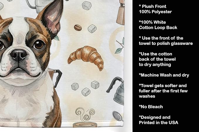 Caroline's Treasures Brindle Boston Terrier Coffee Bar Kitchen Towel Velour Plush Front and Cotton Loop Back Machine Washable