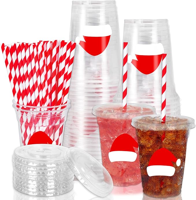 Whaline 50 Pcs 12 Oz Christmas Disposable Plastic Cups with Lids and Straws Red Santa Hat Cold Beverage Drinking Cups for Winter Xmas Birthday Party Supplies