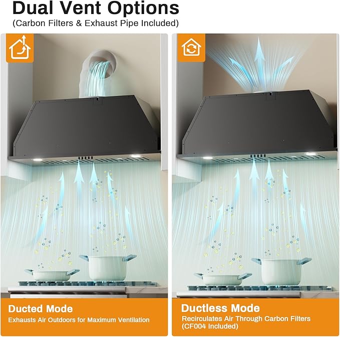 30 Inch Range Hood Insert, 600 CFM Convertible Ducted/Ductless Kitchen Hood with Matte Black Finish on Stainless Steel, 3-Speed Exhaust Fan with LED Lights, Baffle & Carbon Filters