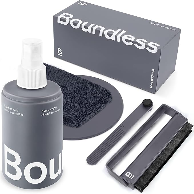 Boundless Audio Record Cleaning Kit - Vinyl Brush Bundle with Stylus Brush, 6.75oz Record Cleaner Solution, Microfiber Cloth & Label Protector - 5 Piece Cleaning Kit
