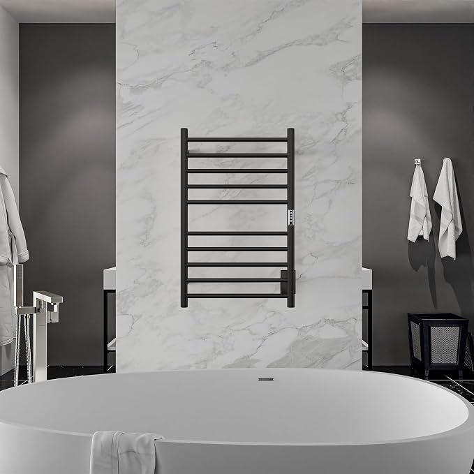 Bali Series 10-Bar Wall Mounted Electric Bathroom Towel Warmer Rack in Matte Black Finish Stainless Steel