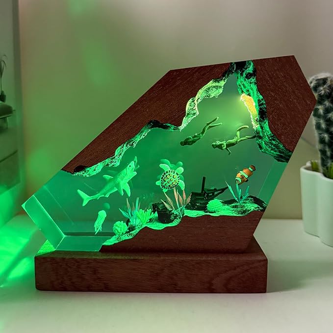 Shark Resin Lamp,USB Powered Resin Ocean Night Light with Wooden Base, Variable Lights,Shark Decor for Home Office, Scuba Diving Gifts for Ocean Lovers,Unique Gifts for Him &Her(S 6"X4")