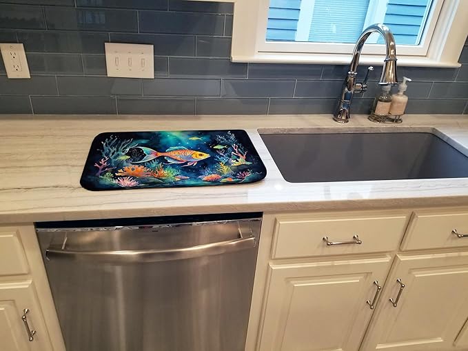 Caroline's Treasures Bioluminescent Fish Dish Drying Mat Absorbent Dish Drying Mat Pad for Kitchen Counter Dish Drainer Mat for Countertop, 14 x 21", Multicolor
