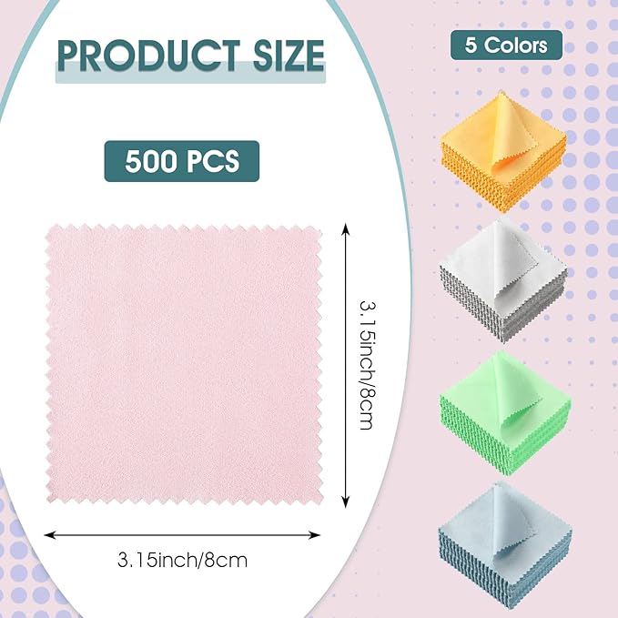 Hoteam 500 Pcs Jewelry Cleaning Cloth Silver Polishing Cloth Jewelry Cleaner Cloth Jewelry Wipes for Silver Gold Platinum Remover Keep Brass Coin Ring Silverware Watch Clean and Shiny, 5 Colors