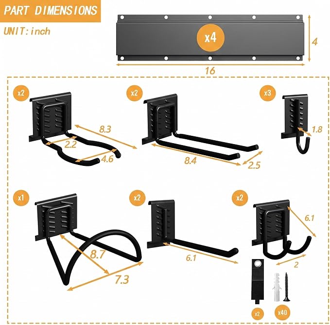 CBWLWJ Garage Tool Organizer Wall Mount, 64 inch Garage Wall Organizer, 680lbs Sturdy Garden Tool Organizer with 12 Adjustable Hooks, for Yard, Shed, Basement, Workshop(Black)