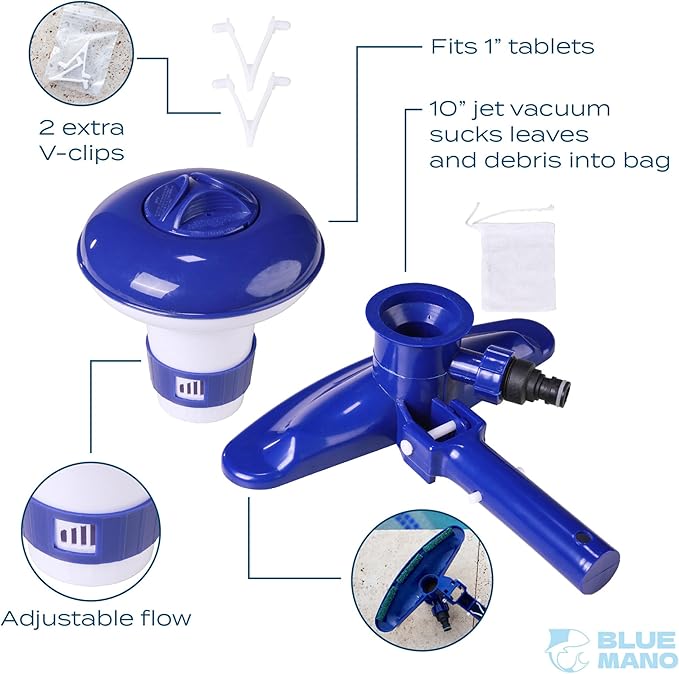 Blue Mano 6 Piece Spa & Pool Cleaning Kit - 10" Vacuum Head, 12" Leaf Skimmer, 10" Pool Brush, 4FT Telescopic Aluminum Pole & Small Chlorine Dispenser - for Spas & Small Pools