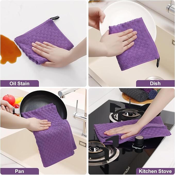 Homaxy 100% Cotton Kitchen Towels and Dishcloths Set, 12 x 12 & 15 x 25 Inches, Set of 10 Bulk Terry Cloth Dish Towels, Super Soft and Absorbent Hand Towel with Hanging Loop, Purple