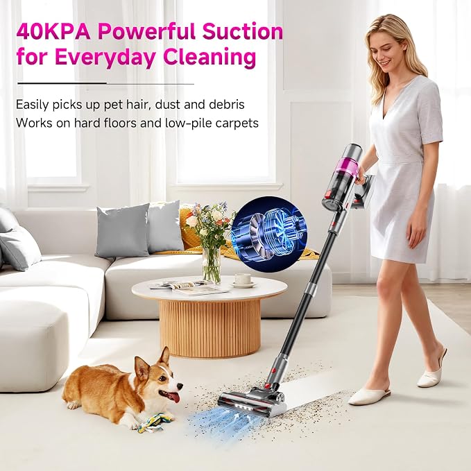 Cordless Vacuum Cleaner: Portable 6-in-1 Stick Vacuum with Anti-Tangle Brush, LED Headlight, Self-Standing, HD Display, Rechargeable Vacuum for Pet Hair, Low-Pile Carpet and Hardwood Floor-Purple